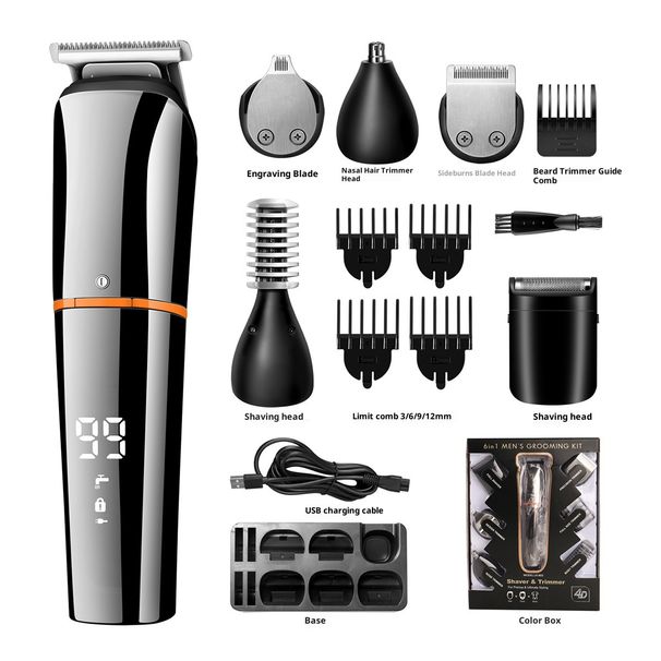 Kit per la cura della persona 6 in 1: tagliacapelli, rifinitore per naso, rasoio per barba, ricaricabile tramite USB e impermeabile per un lavaggio completo del corpo (nero/argento)_voghion.com