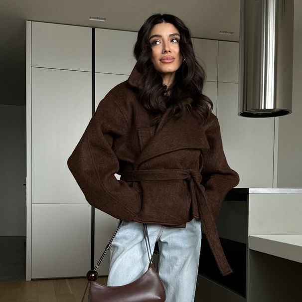 Kurzer Wollmischmantel mit Knopfleiste und Taillengürtel, lässige Jacke mit übergroßem Revers für Damen, Herbstoberbekleidung (Dunkelgrau/Hellgrau/Braun)_voghion.com