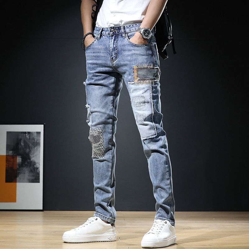 Erkek Giyim Sonbahar Kot Pantolon Erkekler İçin, Trend Slim Fit Streç Skinny Pantolonlar, İnternet Ünlü Stili, Yırtık Patchwork Dokuz Nokta Pantolon_voghion.com