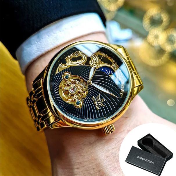 AOKULASIC Orologio da uomo in oro con scheletro, retro, fasi lunari, tourbillon, orologi meccanici automatici di lusso, cinturino in acciaio inossidabile luminoso_voghion.com