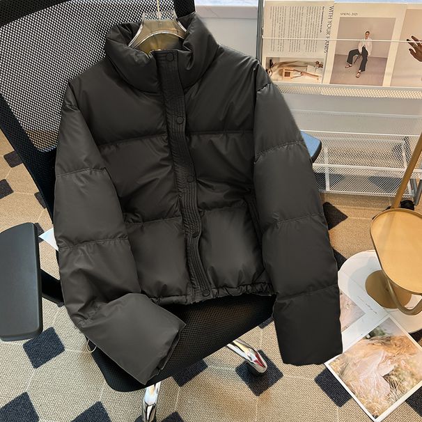 Wash-Free PU Leather Jacket For Women, Short Style, 2024 New Winter Stand Collar Puffer Jacket, Petite Down Cotton Coat,_voghion.com