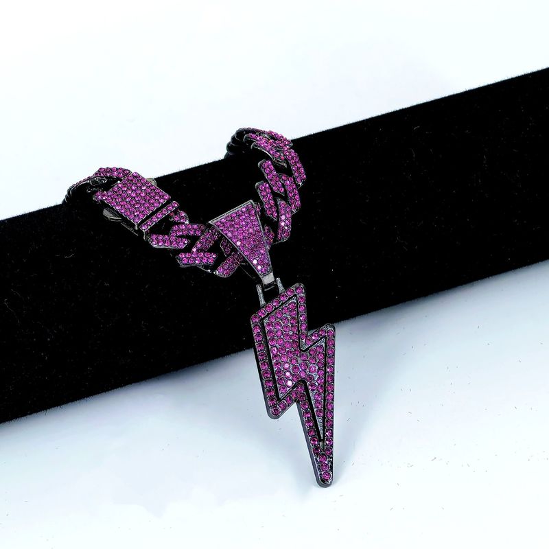 Unisex New Hip Hop Style Purple Lightning Diamond Cuban Chain Pendant Popular Gold Plated Alloy Jewelry Big Head_voghion.com