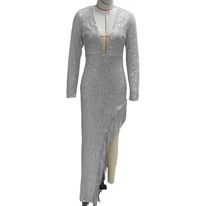 Damenbekleidung Kleid Pailletten V-Ausschnitt Langarmkleid Sexy asymmetrisches Kleid_voghion.com