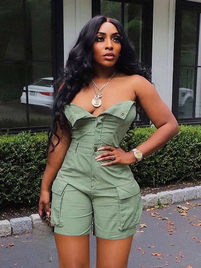 Damenbekleidung Tube Top Cardigan Knopf Große Tasche Denim Jumpsuit Shorts_voghion.com