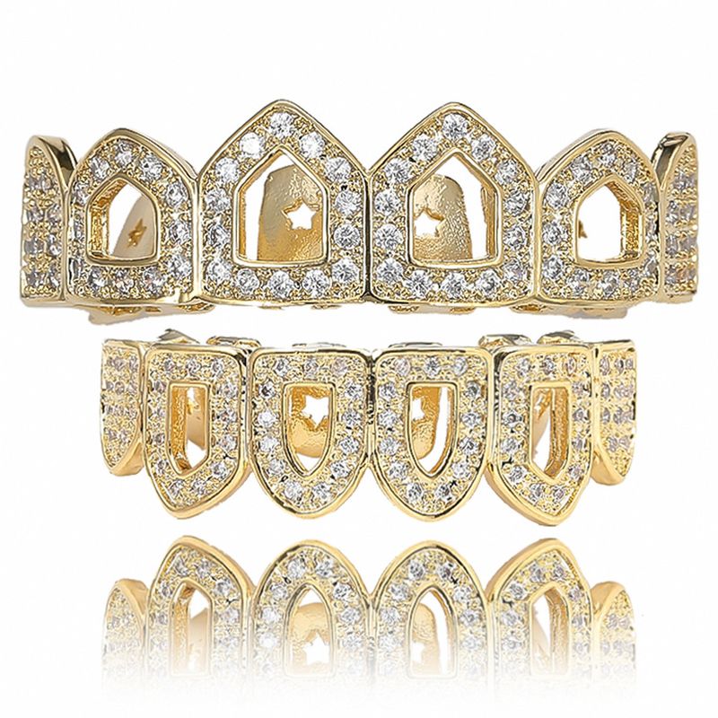 Hip Hop HIPHOP Hollow Micro Inlaid Gold Teeth Set Holiday Gift Funny Hip Hop Gold Braces Halloween Teeth_voghion.com