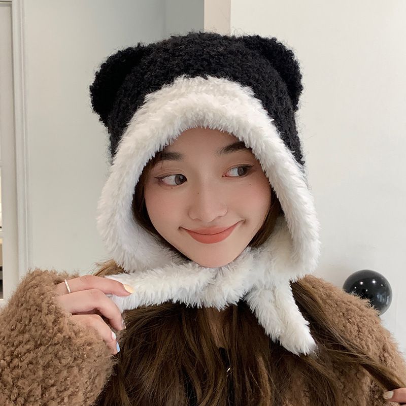 Cute Little Bear Children's Winter Thickened And Warm Ear Protection Plush Lace Up Big Headband Knitted Woolen Hat_voghion.com