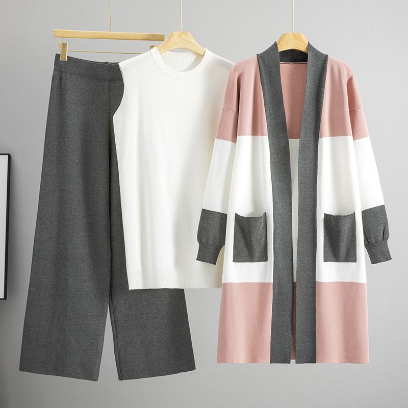 Women's Clothing Women's Autumn Knitted Vest & Wide Leg Pants Set - Elegant Office Casual Three-Piece Outfit In Black/Burgundy/Coffee/Grey/Camel_voghion.com