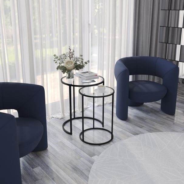 2 Piece Round Nesting Side Tables Set Tempered Glass Top Metal Leg Coffee Tables_voghion.com