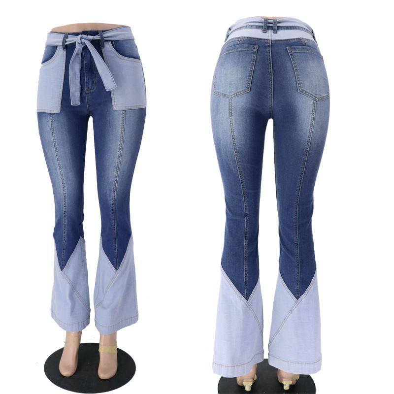 Damen-Hosen mit hoher Taille, Patchwork-Bund, Denim, ausgestellte Jeans_voghion.com