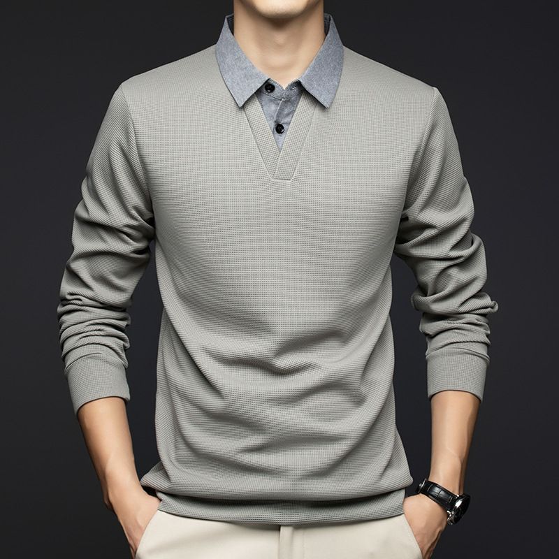 Shirt-Collar Waffle Knit Tee – Layering Essential For Men (Black, Khaki, Heather Grey)_voghion.com