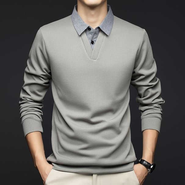 Shirt-Collar Waffle Knit Tee – Layering Essential For Men (Black, Khaki, Heather Grey)_voghion.com