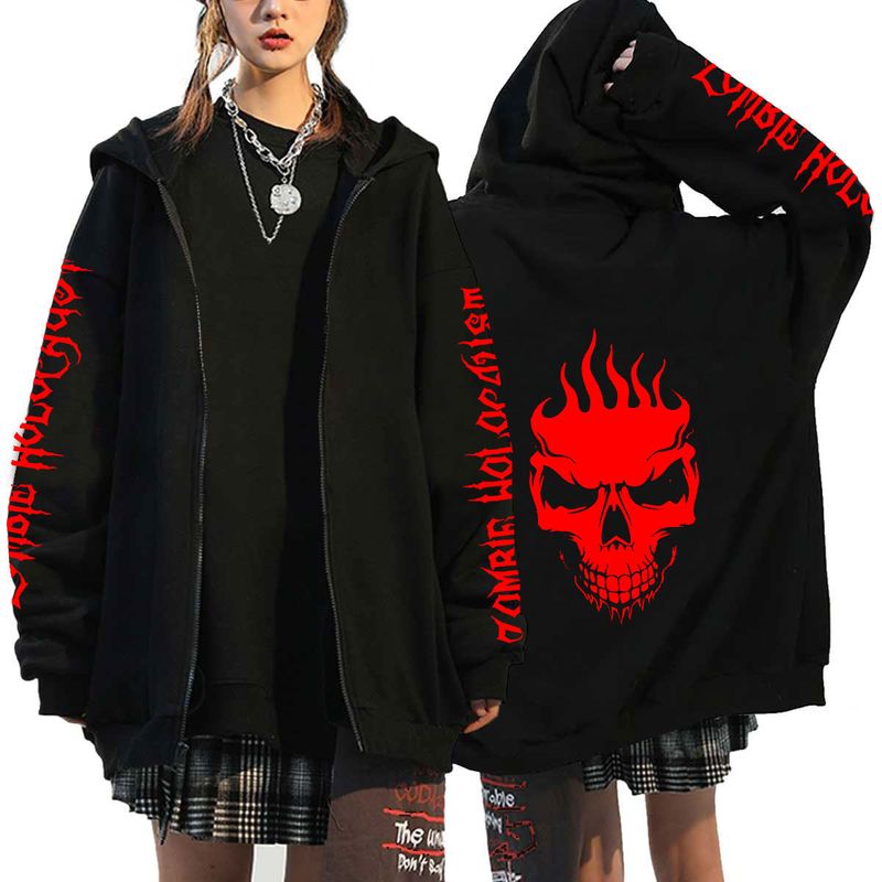 Diablo style skull print sportswear men's and women's hoodies Gothic couple Harajuku zippered hoodie_voghion.com