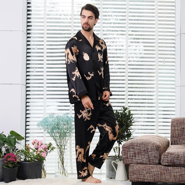 Cross-border summer couple silk thin pajamas men and women suits Chinese style long-sleeved spinning silk home clothes_voghion.com