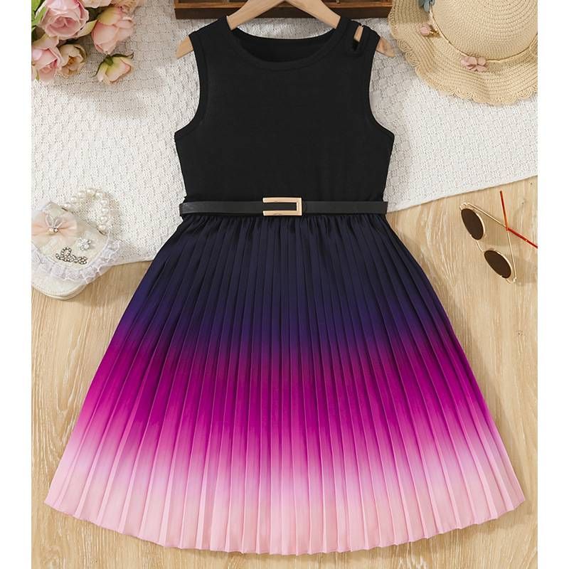 Kinderkleidung Mädchenkleid schwarz lila Farbverlauf Gürtel modische mittlere und große Kinderkleidung Kinderrock_voghion.com