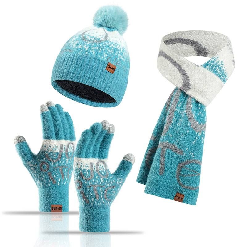 Set de 3 piese de iarnă pentru femei, eșarfă, pălărie și mănuși, din fleece de nurcă îngroșat, jacquard, 2024, Needle_voghion.com
