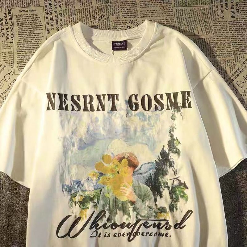 American Vintage Pure Cotton Short Sleeve T-Shirt For Women 2023 Loose Chic Art Student Style Top_voghion.com