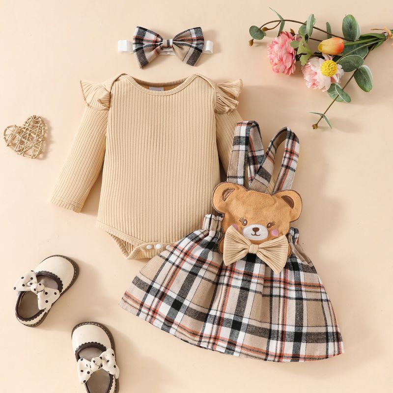 Tutina a triangolo a righe a maniche lunghe per neonati europei e americani, autunno e inverno, gonna con bretelle a forma di bambola orsetto scozzese con fiocco e fascia per capelli._voghion.com