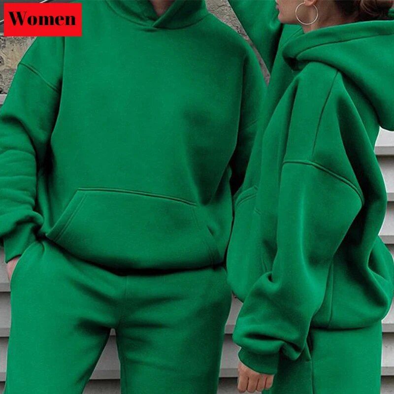 Casual Men Two Pieces Sets 2024 Oversize Hooded Sweatshirts Trouser Tracksuits Autumn Winter Fleece Female Warm Suits_voghion.com