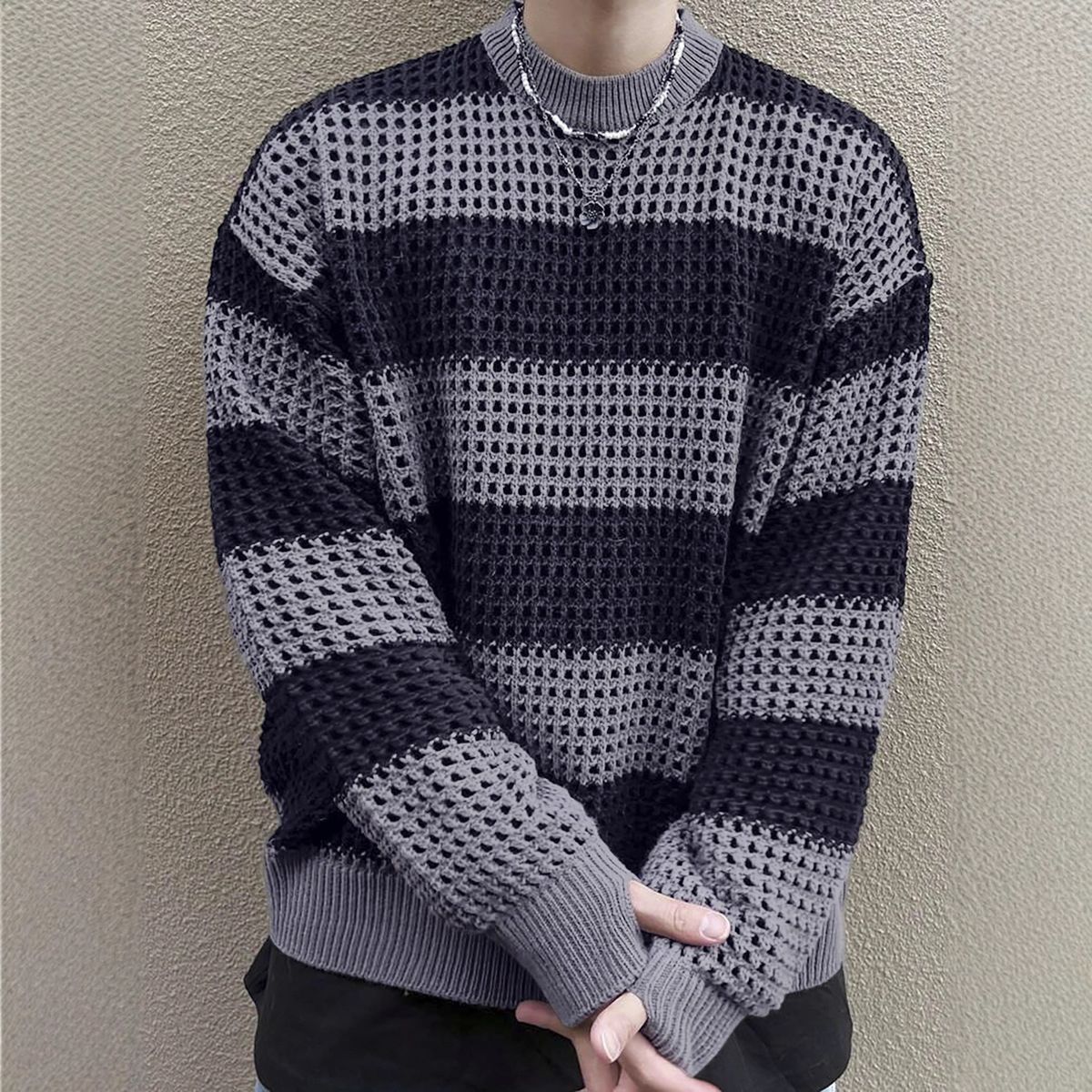 Women's Retro Lace-Up Striped Knit Sweater – Oversized Openwork Cardigan With Fringe Detail For Spring & Autumn_voghion.com