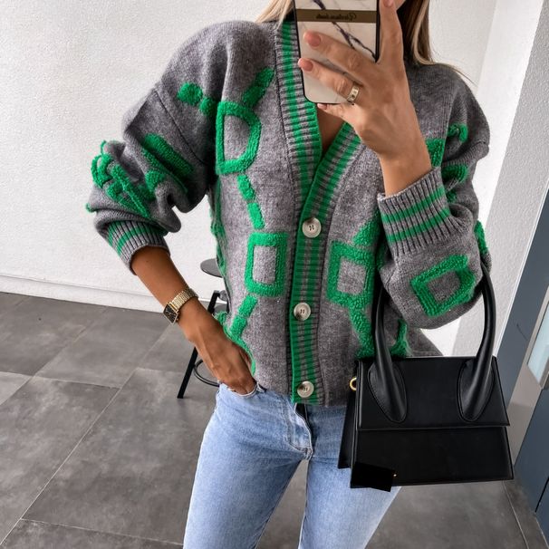 Damen-Strickjacke mit V-Ausschnitt und Knopfleiste – Übergroßer Mantel mit langen Ärmeln und offener Vorderseite für Herbst/Winter, Buchstabendruck, lässig und elegant_voghion.com