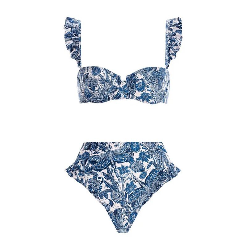 Costume da bagno da donna con volant e gonna a ombrello staccabile, motivo libellula blu_voghion.com