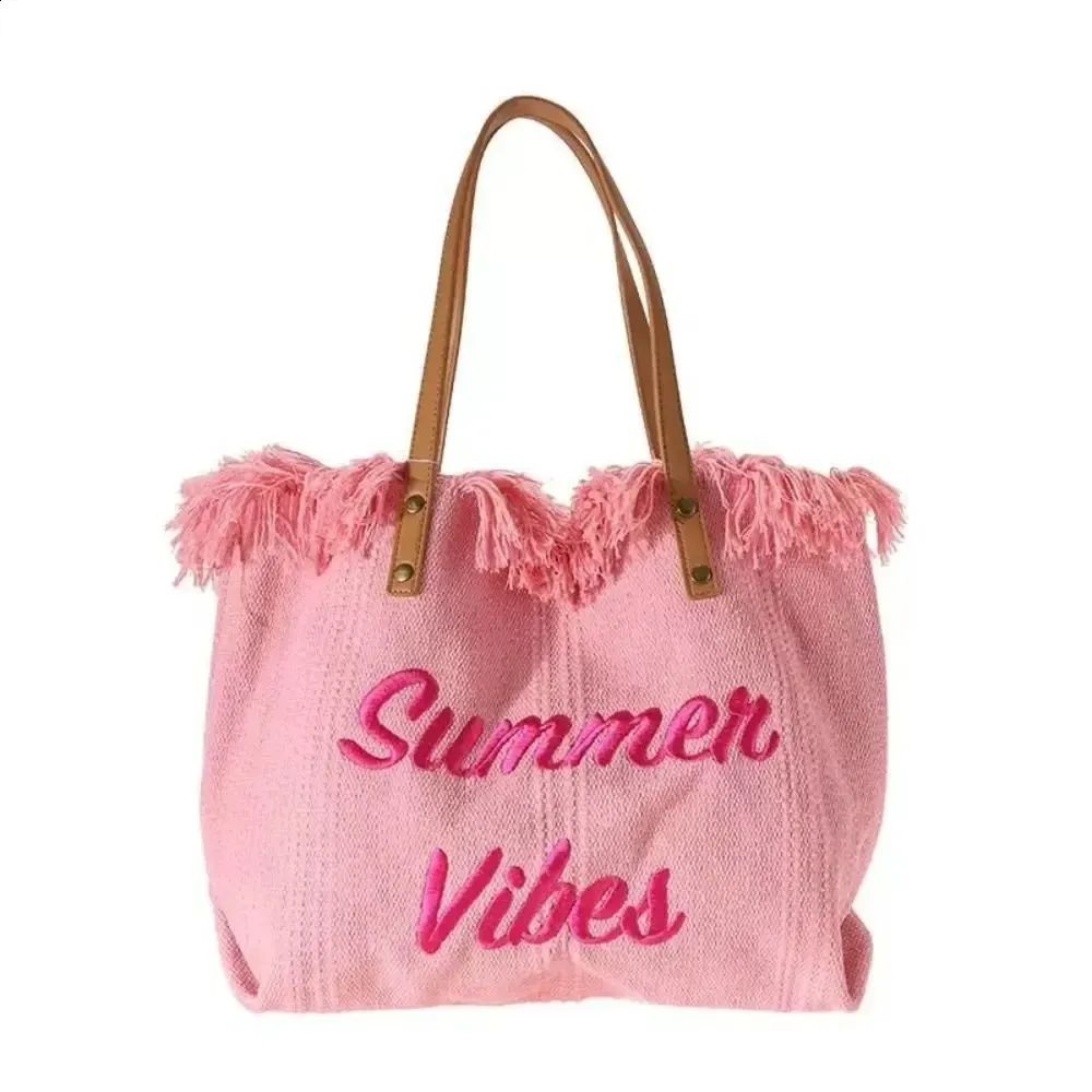 tassel Woven Canvas Embroidered Alphabet Womens Large Capacity Tote Hand Bill Shoulder Bag 240823_voghion.com