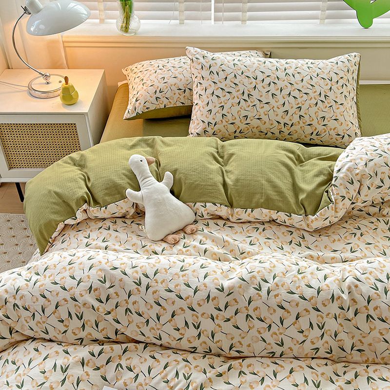 Class A INS Xiaozhu Four-Piece Floral Bed Washed Cotton Student Dormitory Quilt Cover Three-Piece Set Fitted Sheet Style_voghion.com