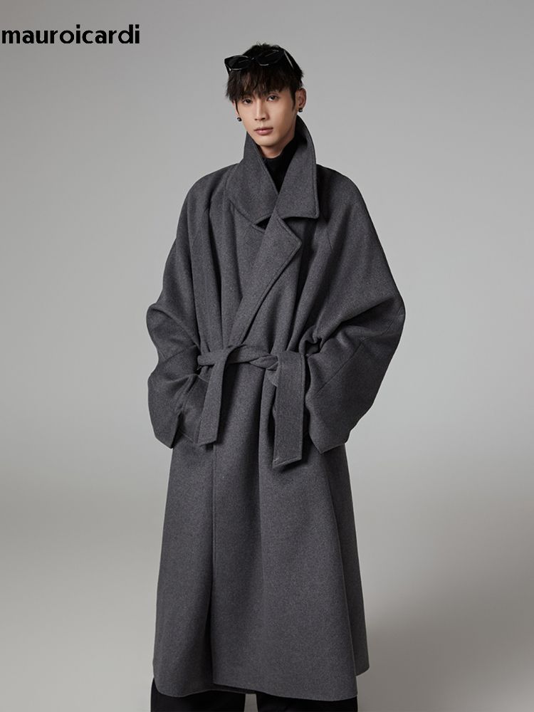 Mauroicardi Herbst Winter Übergroßen Extra Langen Warmen Grauen Wollmischungen Mantel Männer Schärpen Raglan Ärmeln Luxus Woll Mantel_voghion.com