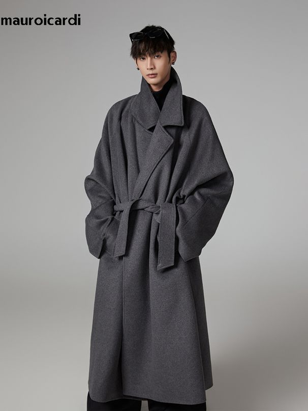 Mauroicardi Herbst Winter Übergroßen Extra Langen Warmen Grauen Wollmischungen Mantel Männer Schärpen Raglan Ärmeln Luxus Woll Mantel_voghion.com