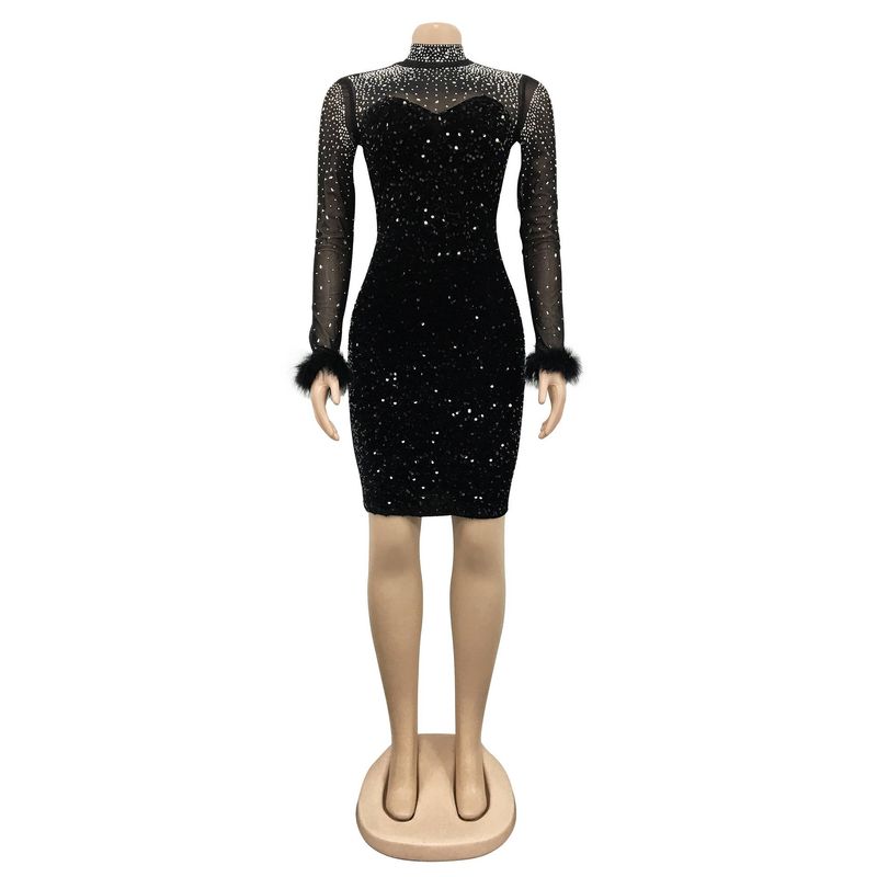 Moda Donna Hot Diamond See-through Gonna Corta Manica Lunga Piuma Vestito_voghion.com