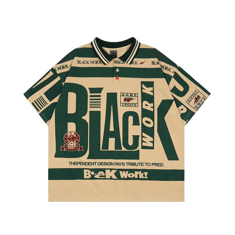 Men's Clothing Ins Retro Striped Print Polo Shirt Half Sleeve Men And Women Oversize Hip Hop Lapel Short Sleeve T-shirt_voghion.com