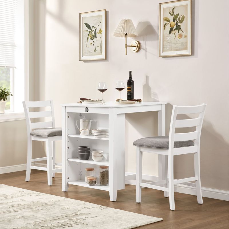 36" Modern Dining Table Set For 2 With Charging Station & 3-Tier Adjustable Storage | Space-Saving Kitchen Set With Upholstered Chairs For Small Spaces, Apartment,White_voghion.com