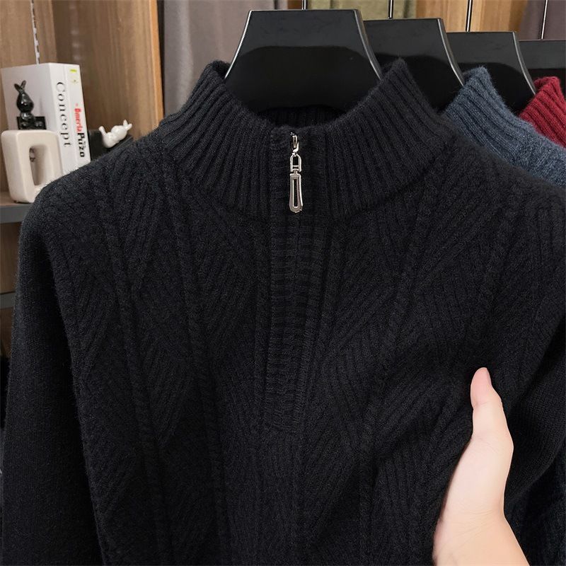 Mittelgroßer und grüner Pullover mit halbem Reißverschluss für Herren, dicker, warmer Business-Casual-Pullover, Strickpullover für Herren_voghion.com