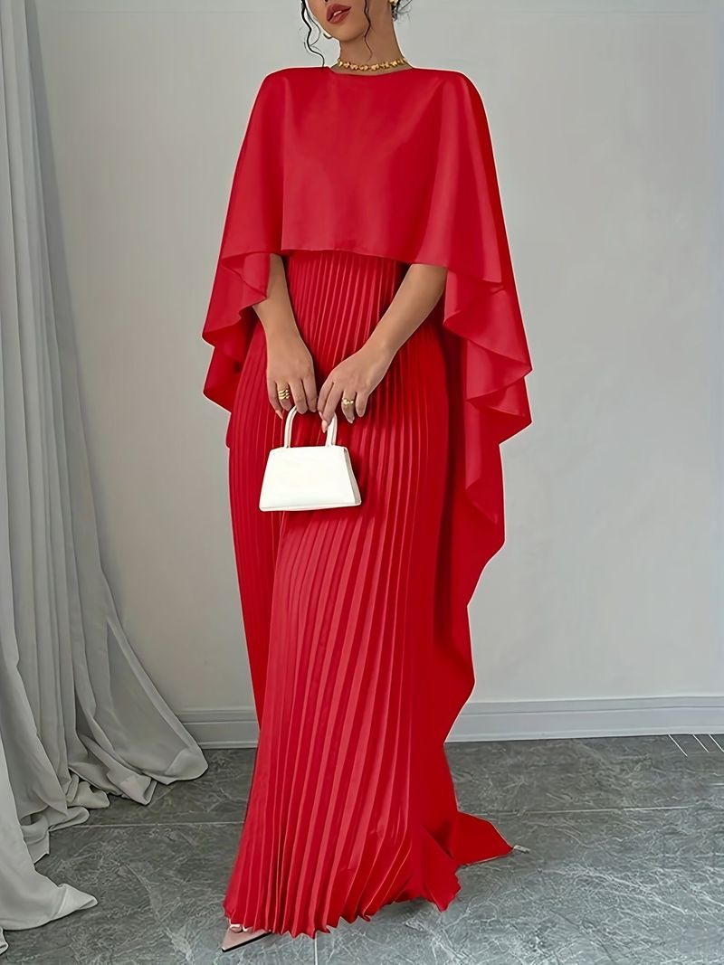 Women's Clothing Fashion Loose Bat Sleeves Pleated Irregular Elegant Dress Long_voghion.com