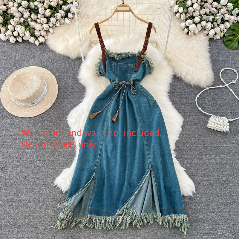 Women's Clothing retro design tube top waist slimming medium long split tassel A-line denim suspender dress summer_voghion.com
