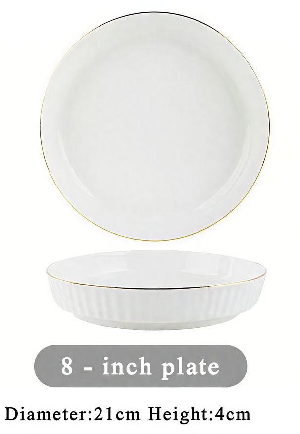 8inch Of 6 Pieces Ceramic Home Dinnerware Stylish Nordic-Inspired Plates With Gold Rim, High-Value Ins Style, Perfect For Rice & Soup, New Arrival_voghion.com