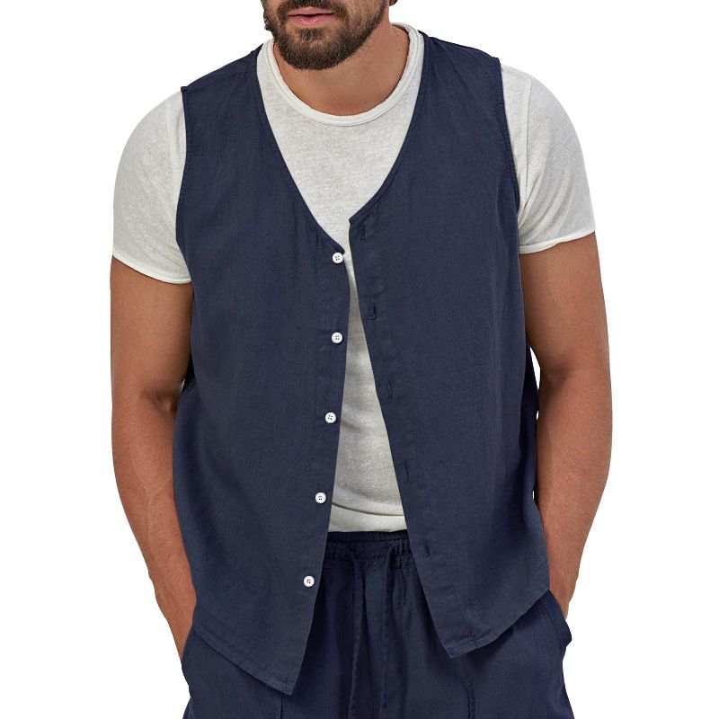 2023 Summer Thin Casual Solid Color Linen Youth Vest Button Men's Sleeveless Outerwear Top_voghion.com