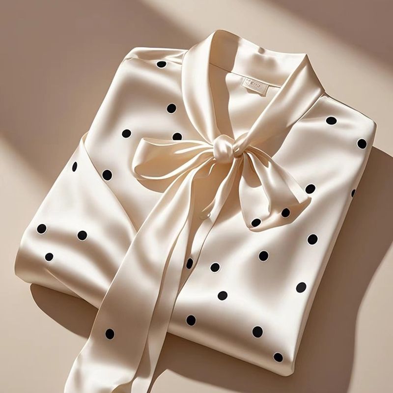 Women's Clothing Spring New Bow Tie French High End Satin Polka Dot Shirt To Cover The Flesh And Make You Look Thin Long Sleeved Top_voghion.com