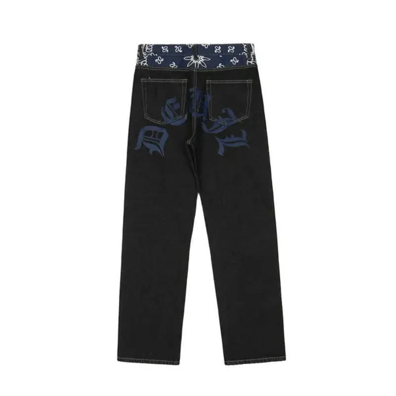 Pantaloni jeans larghi Hip Hop da uomo neri vintage a blocchi di colore di nuovo arrivo 2021 pantaloni in denim casual larghi dritti_voghion.com