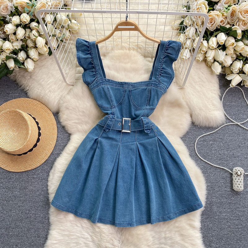 women's clothing age-reducing college style sweet flying sleeve suspender dress female retro denim A-line short skirt trend_voghion.com