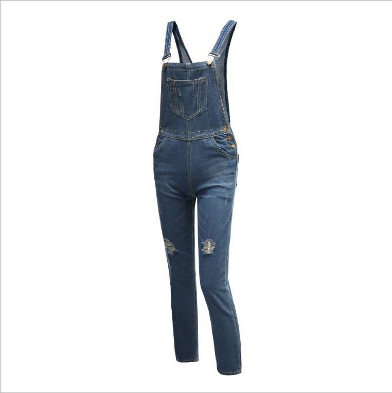 Women's clothing washed slim stretch fringed denim overails jeans _voghion.com
