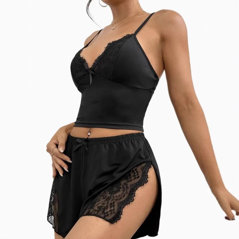 Ensemble pyjama deux pièces en dentelle patchwork pour femme, avec caraco et short, collection Audday 2025_voghion.com