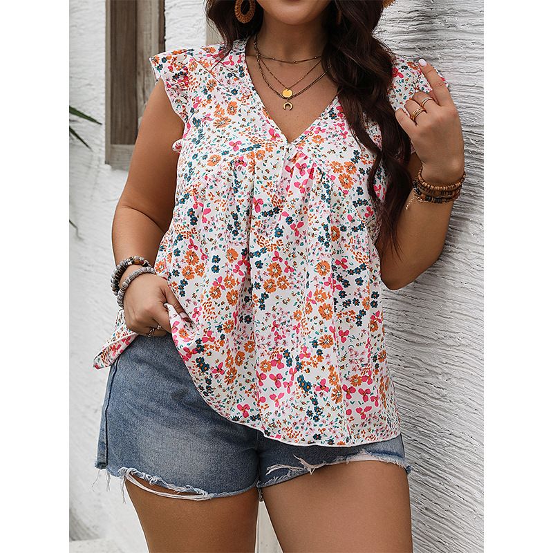 Women's Clothing New V Neck Sleeveless Short Shirt Lotus Edge Pullover Print Casual Large Size Shirt_voghion.com
