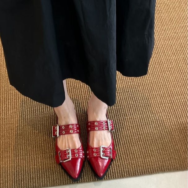 2025 Spring And Summer New Pointed Toe Belt Buckle Mules Flat Mary Jane Shoes_voghion.com