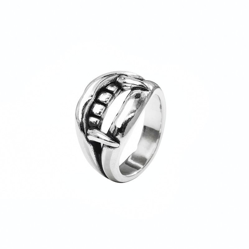 Anello da dito indice con zanna da vampiro in argento da uomo, personalità dominante, moda e tendenza_voghion.com