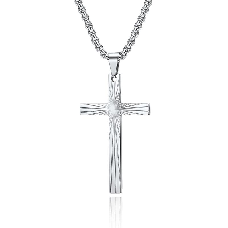Collana con ciondolo semplice in acciaio al titanio e acciaio inossidabile con croce a rifrazione della luce_voghion.com