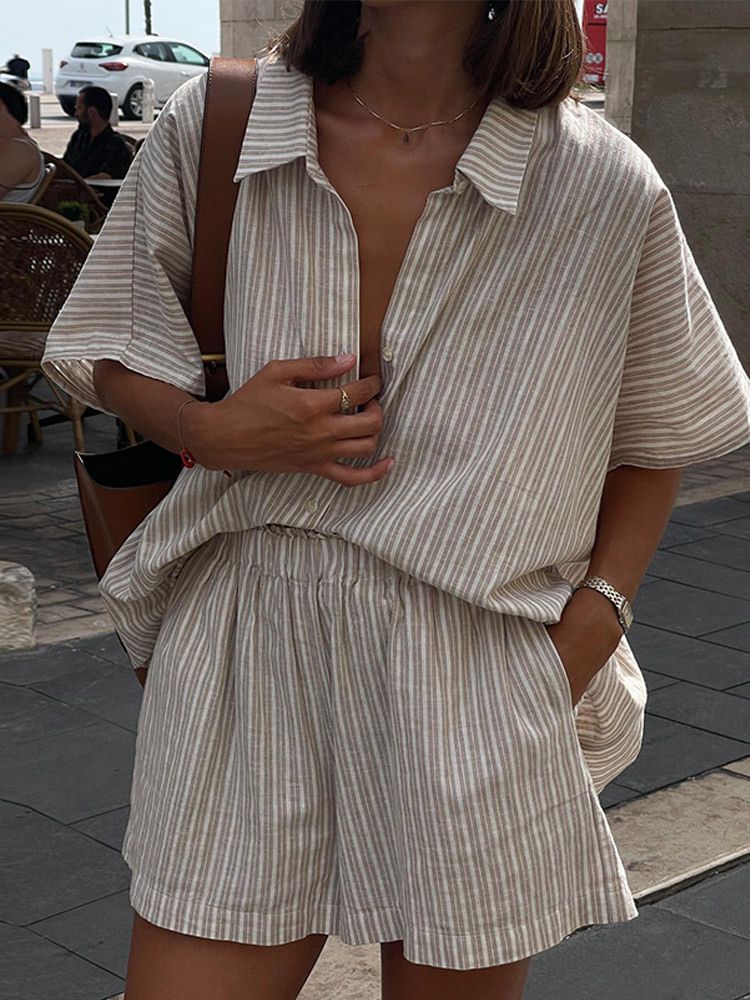 Women's Clothing Striped Short Sleeved Shirt And Shorts Suit Loose Single Breasted Top High Waist Shorts Two Piece Suit_voghion.com