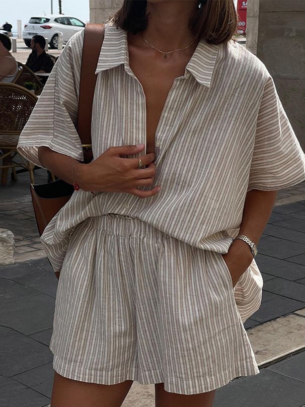 Women's Clothing Striped Short Sleeved Shirt And Shorts Suit Loose Single Breasted Top High Waist Shorts Two Piece Suit_voghion.com