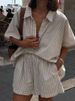 Women's Clothing Striped Short Sleeved Shirt And Shorts Suit Loose Single Breasted Top High Waist Shorts Two Piece Suit_voghion.com