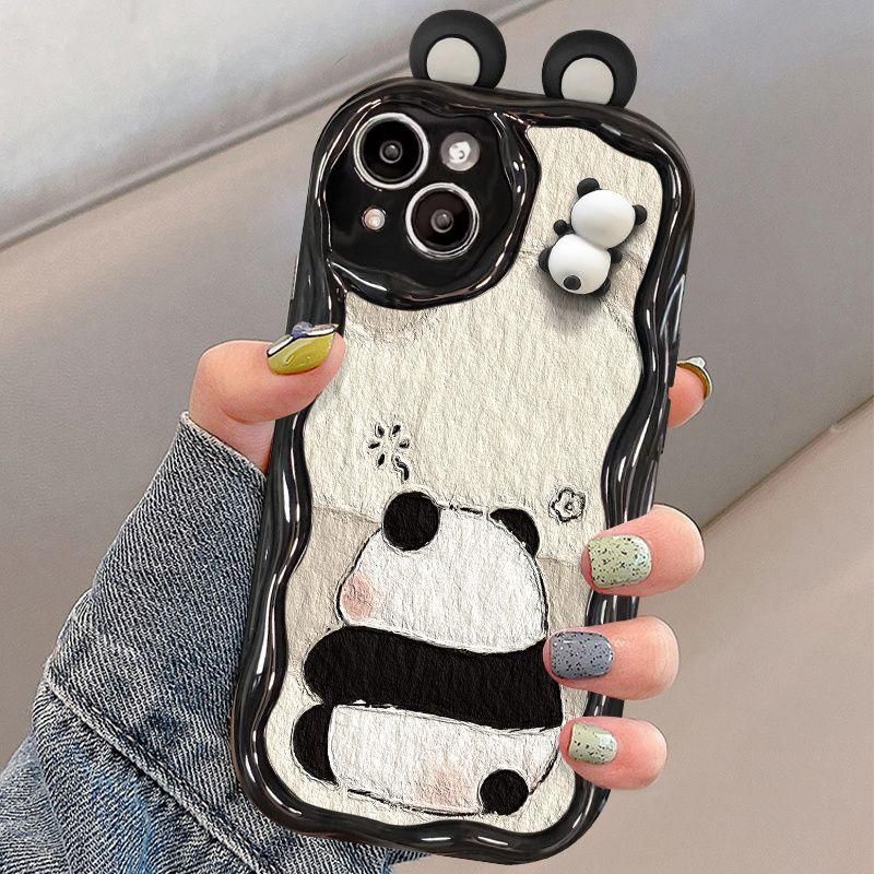 Cute 3D Panda Cream Wavy Edge Phone Case for Iphone 15 Pro Max 11 12 13 14 Pro Max 7 8 Plus XR XS X 13 Mini Lovely Soft Cover_voghion.com